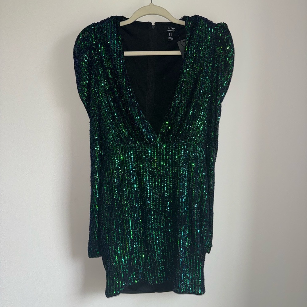 Privy Green Sequin Mini Long Sleeve Dress | New Years, Sparkly, Blue, Black